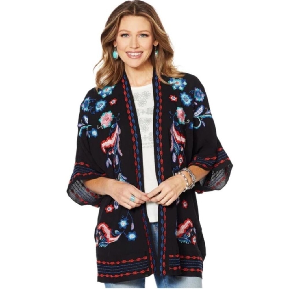 Curations Black Floral Embroidered Oversized Kimono Open Front Top boho  L NWT